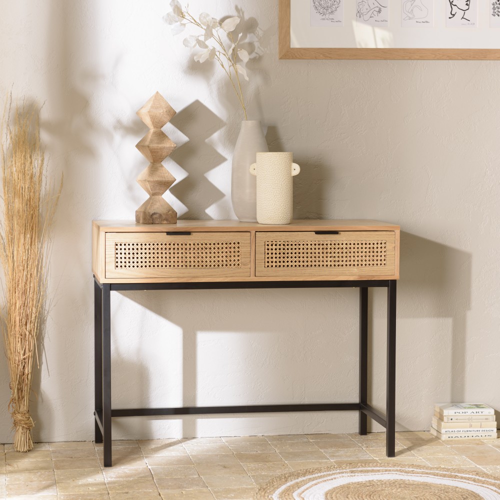 SECONDE MAIN - Console 2 tiroirs cannage naturel