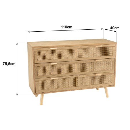 SECONDE MAIN - Commode en bois couleur naturel 3 tiroirs cannage