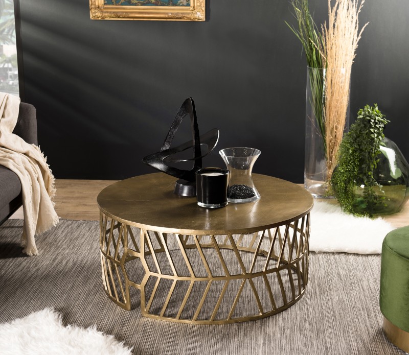 SECONDE MAIN - Table basse ronde 89x89cm aluminium doré piètement graphique