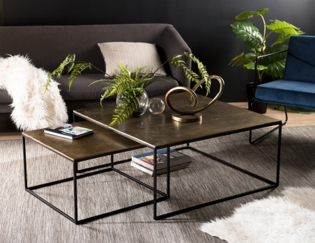 SECONDE MAIN - Set de 2 tables gigognes carrées aluminium doré pieds métal