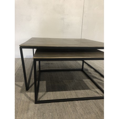 SECONDE MAIN - Set de 2 tables gigognes carrées aluminium doré pieds métal