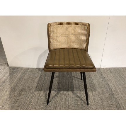 MARCEL Set of 2 Mango Wood Chairs - Padded Leather Seat & Rattan Backrest