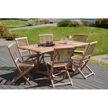 Salon de jardin en bois teck 4/6 pers - Table rectangulaire et 6 chaises