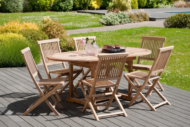 Ensemble de jardin en bois teck 4/6 pers - Table ovale extensible et chaises Ensemble de jardin en bois teck 4/6 pers - Table ovale extensible et chaises