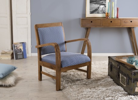 WALLY Teak Wood Armchair with Blue Scandinavian Fabric