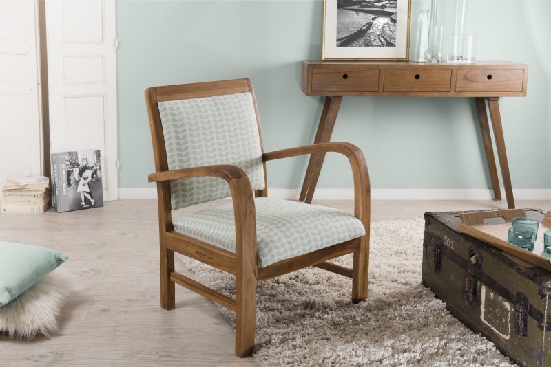 Fauteuil bois teck WALLY - Tissu bleu clair - Design et confort Fauteuil bois teck WALLY - Tissu bleu clair - Design et confort