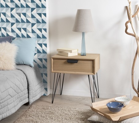 MARGAUX - Natural Wood Bedside Table with Black Metal Hairpin Legs