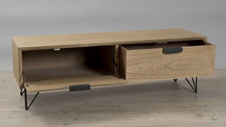 MARGAUX Natural Wood TV Stand with 1 Door 1 Drawer Black Metal Legs