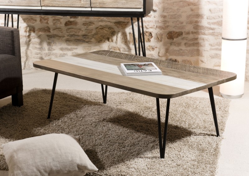 CARMEN Rectangular Coffee Table 120x70cm Acacia Wood Black Metal Legs