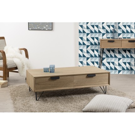 MARGAUX Natural Wood Coffee Table with 4 Drawers and Black Metal Legs