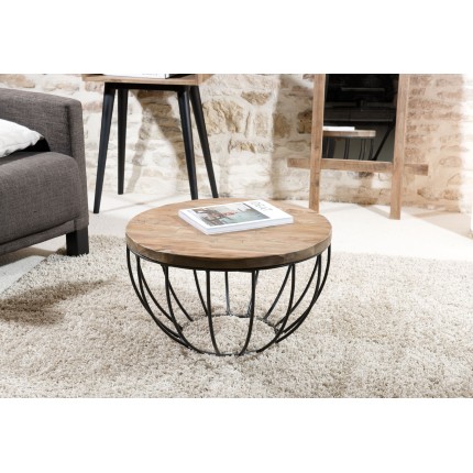 Table basse ronde SIXTINE 60x60cm teck recyclé et métal noir