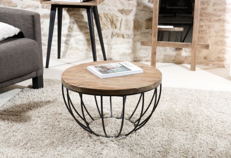 Table basse ronde SIXTINE 60x60cm teck recyclé et métal noir