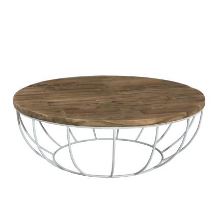 SIXTINE Round Coffee Table - 100x100cm Recycled Teak Top with White Metal Legs