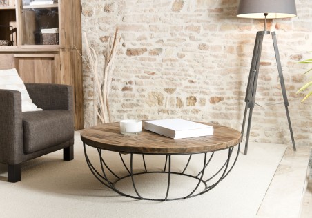 Table basse SIXTINE - Teck recyclé et métal noir 100x100cm