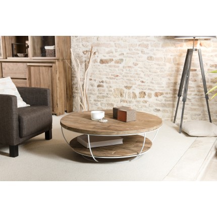 SIXTINE Round Shell Coffee Table 100x100cm Double Recycled Teak Top White Metal