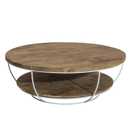 Table basse coque ronde 100x100cm teck recyclé métal blanc