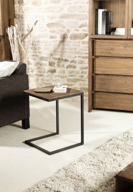 SIXTINE Square Brown End Table 40x40cm Recycled Teak Metal Legs