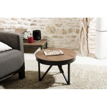 SIXTINE Round Side Table 50x50cm Recycled Teak Top Black Metal Base