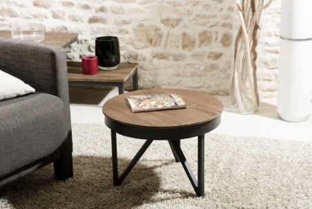 SIXTINE Round Side Table 50x50cm Recycled Teak Top Black Metal Base