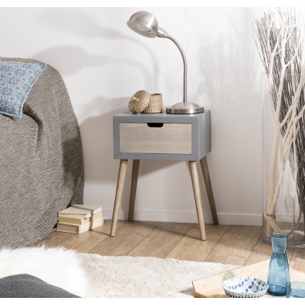 Chevet Lorenzo - Bois Pin Gris 1 Tiroir Beige