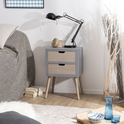 Chevet LORENZO gris 2 tiroirs beiges bois Pin