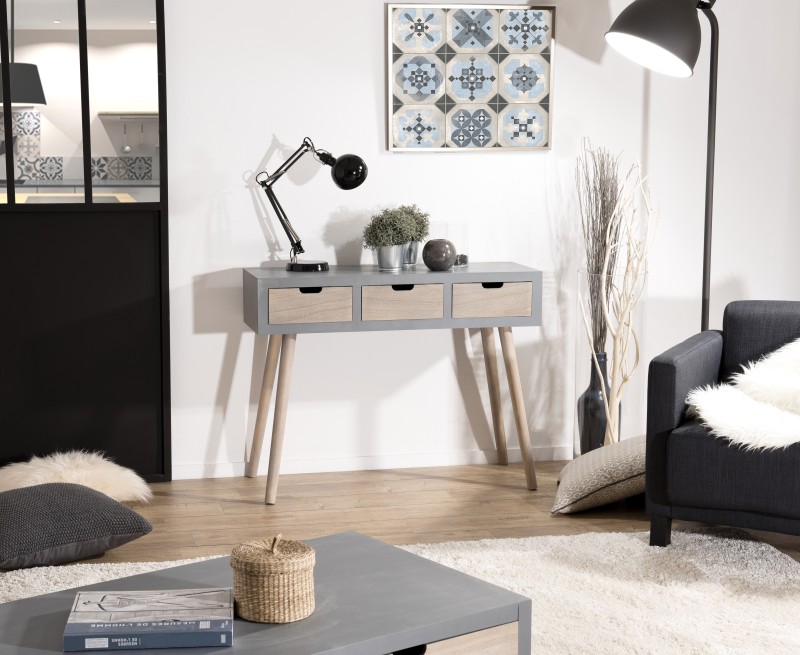 Console LORENZO grise 3 tiroirs beiges bois Pin