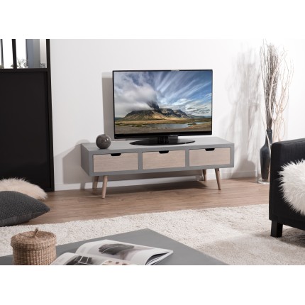 Meuble TV LORENZO - Bois Pin Gris 3 Tiroirs Beiges