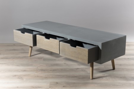 Meuble TV LORENZO - Bois Pin Gris 3 Tiroirs Beiges