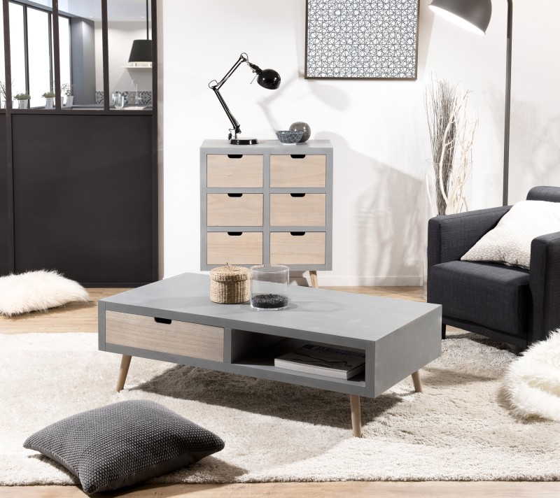 Table basse grise LORENZO - 1 niche 2 tiroirs beiges bois Pin