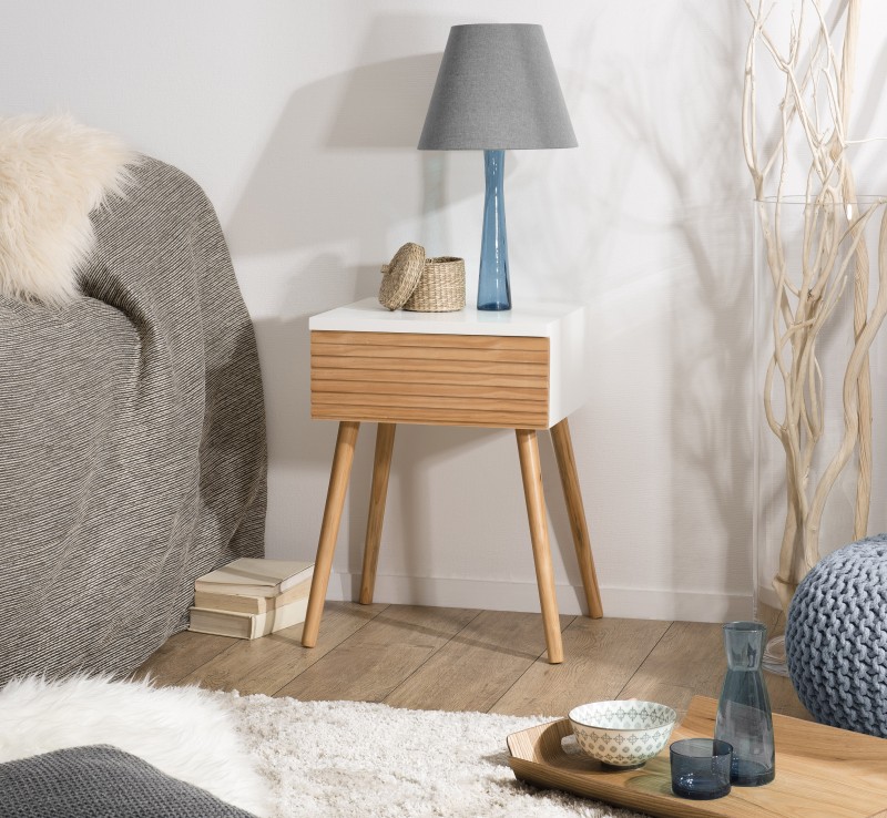 PEDRO Light Wood and White Bedside Table with Drawer