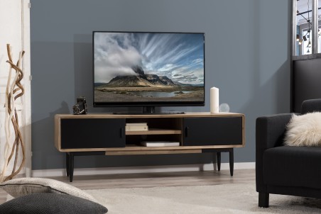 PALOMA TV Stand - 2 Sliding Doors 2 Shelves Acacia Wood Black Metal