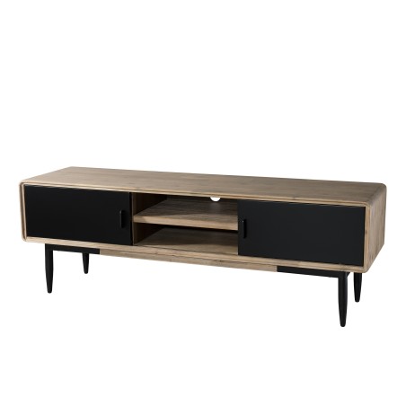 PALOMA TV Stand - 2 Sliding Doors 2 Shelves Acacia Wood Black Metal
