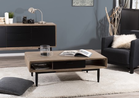 PALOMA Coffee Table 2 Drawers 2 Shelves Acacia Wood and Black Metal