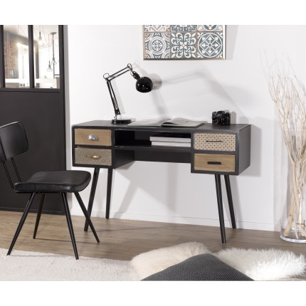 Bureau LEON noir 4 tiroirs marrons motifs Pin