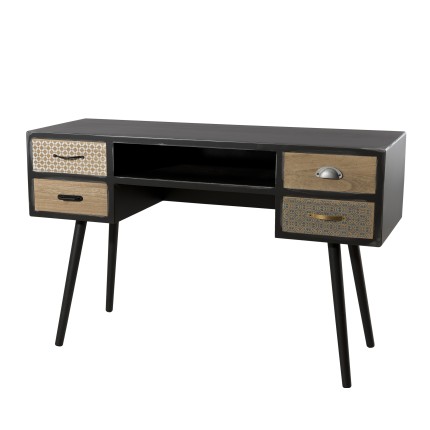 Bureau LEON noir 4 tiroirs marrons motifs Pin