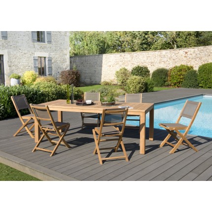 Teak Wood Garden Furniture Set - KIM - 6/8 People - 1 Table 220*100 cm & 6 Textilene Chairs