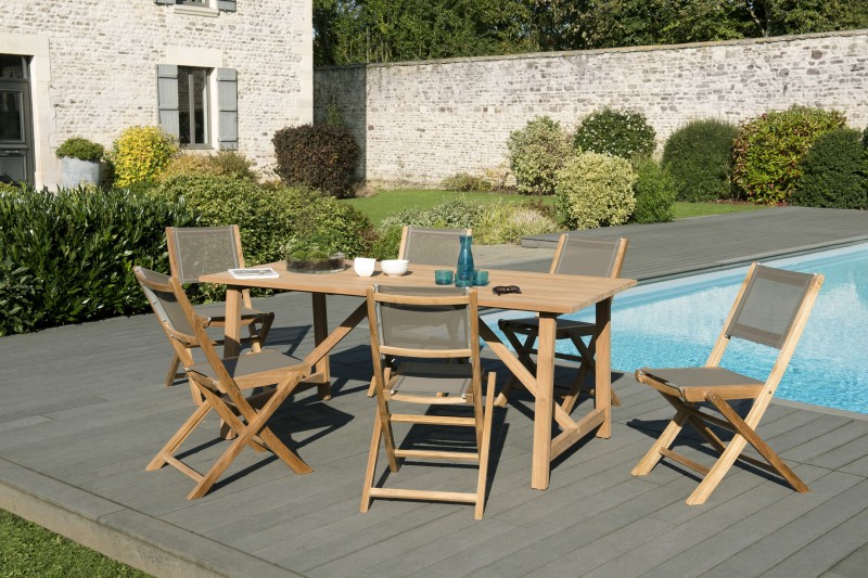 Salon de jardin en bois teck 6/8 pers - Table rectangulaire 180*90 cm
