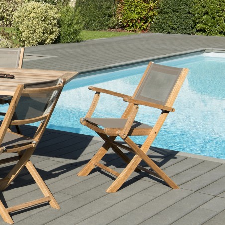 FUN - Set of 2 Folding Garden Armchairs in Teak and Taupe-Coloured Textilene