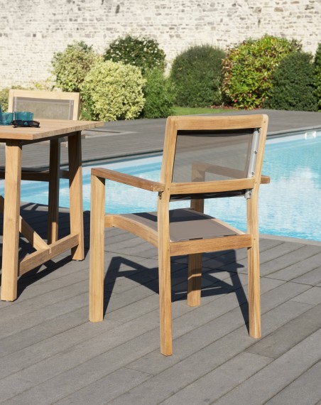 Set of 2 Stackable Teak Wood Garden Armchairs | Taupe Textilene | Fun
