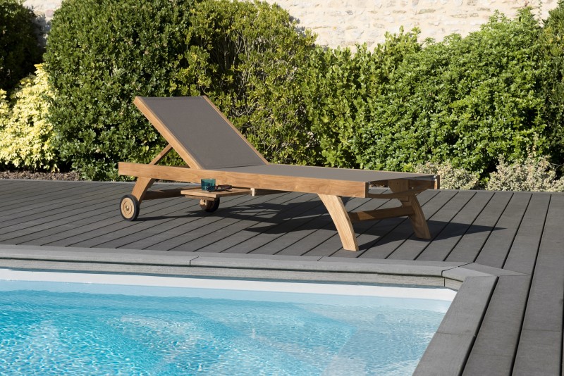 Bain de soleil textilène taupe en bois Teck Bain de soleil textilène taupe en bois Teck