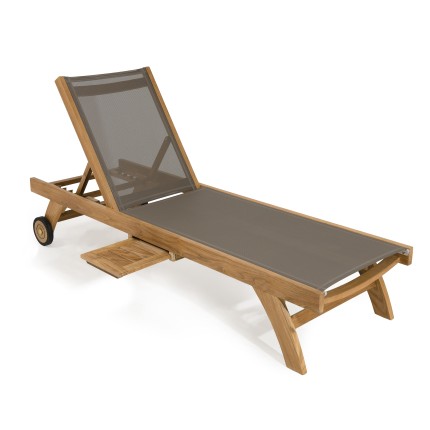 Bain de soleil textilène taupe en bois Teck