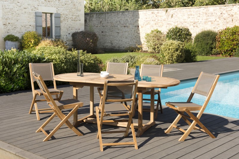 Salon de jardin en bois teck 6/8 pers - Table ovale extensible et chaises textilène