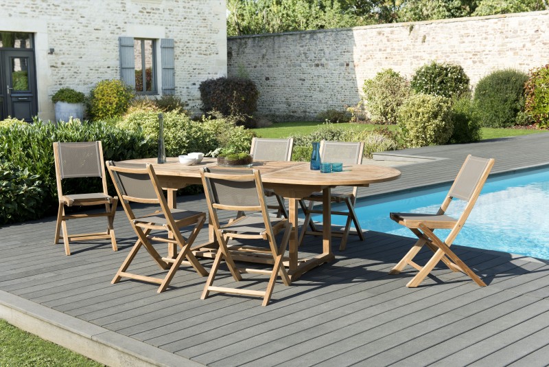 Salon de jardin en bois teck 8/10 personnes - Table ovale extensible Salon de jardin en bois teck 8/10 personnes - Table ovale extensible