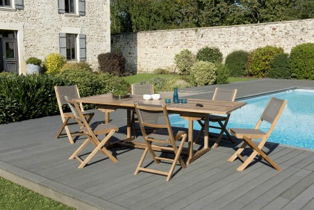 Teak Wood Garden Furniture Set - 8/10 Seater - Extendable Table & 6 Taupe Chairs