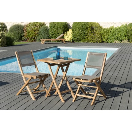Salon de jardin en bois teck 2 pers - Table carrée pliante 60 cm et 2 chaises taupe