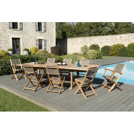 Salon de jardin en bois teck 10/12 pers - Table extensible