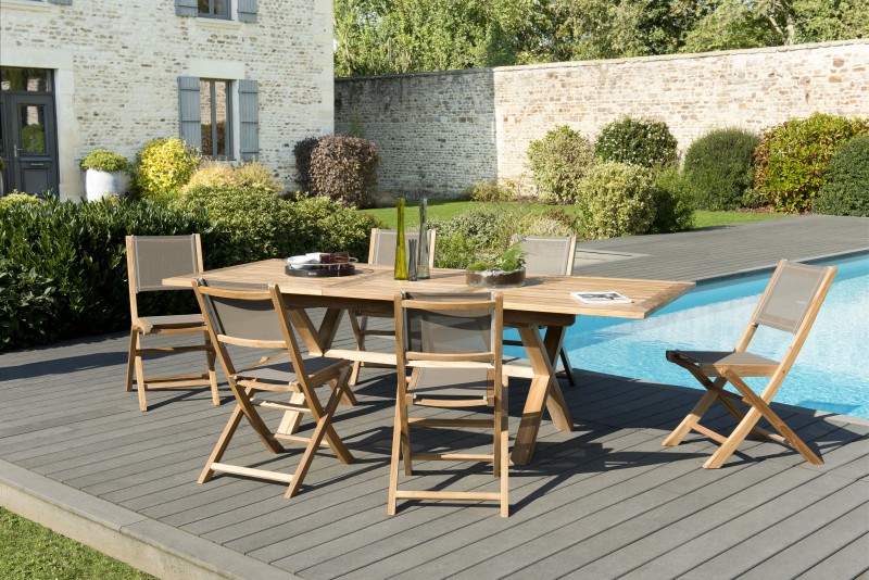 Salon de jardin bois teck 8/10 pers - Table rect. extensible 180*240 cm - 6 chaises taupe Salon de jardin bois teck 8/10 pers - Table rect. extensible 180*240 cm - 6 chaises taupe