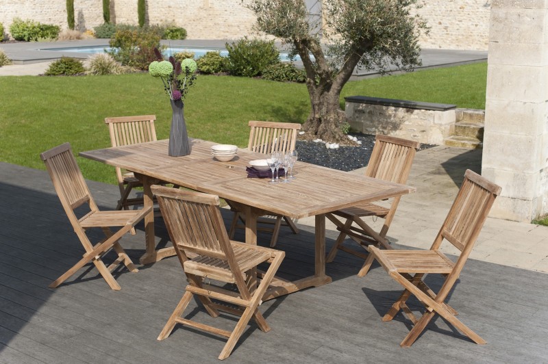 Salon de jardin en bois teck 8/10 pers - Table rectangulaire extensible Salon de jardin en bois teck 8/10 pers - Table rectangulaire extensible