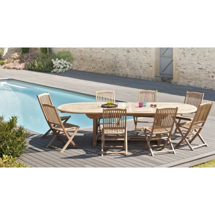 Salon de jardin en bois teck 10/12 pers - Table ovale extensible 200*300/120cm