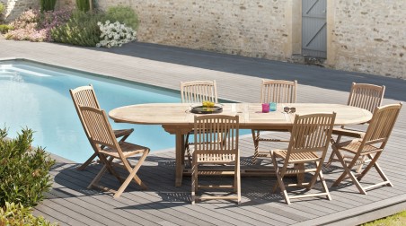 Salon de jardin en bois teck 10/12 pers - Table ovale extensible 200*300/120cm